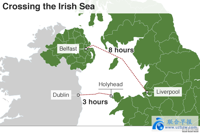 Map showing routes across the Irish Sea from Holyhead and Liverpool