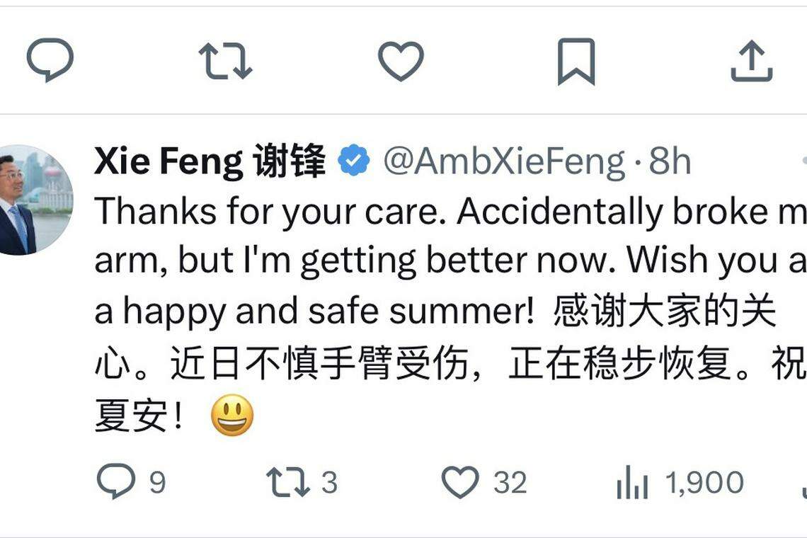 谢锋在社交平台X上感谢外界对他手臂伤势的慰问。(X平台(原称推特))
