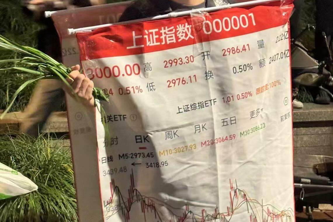 上海一名男子身批上证指数走势图,右手拿着一大把韭菜。(互联网)