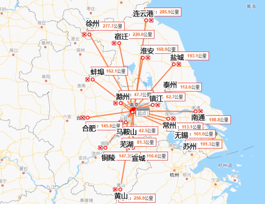 由于地理位置紧靠安徽,南京到安徽省不少城市的直线距离,都明显短于到多个苏北城市的直线距离。(互联网)