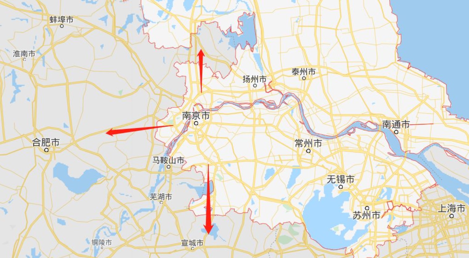 南京位处江苏省西南端,西面紧靠安徽,被安徽东部的滁州、马鞍山、芜湖等市从北西南三面紧密包围。(互联网)