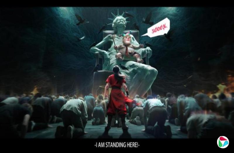中国“战狼画家”公布新作《就不跪》 疑讽特朗普是小丑