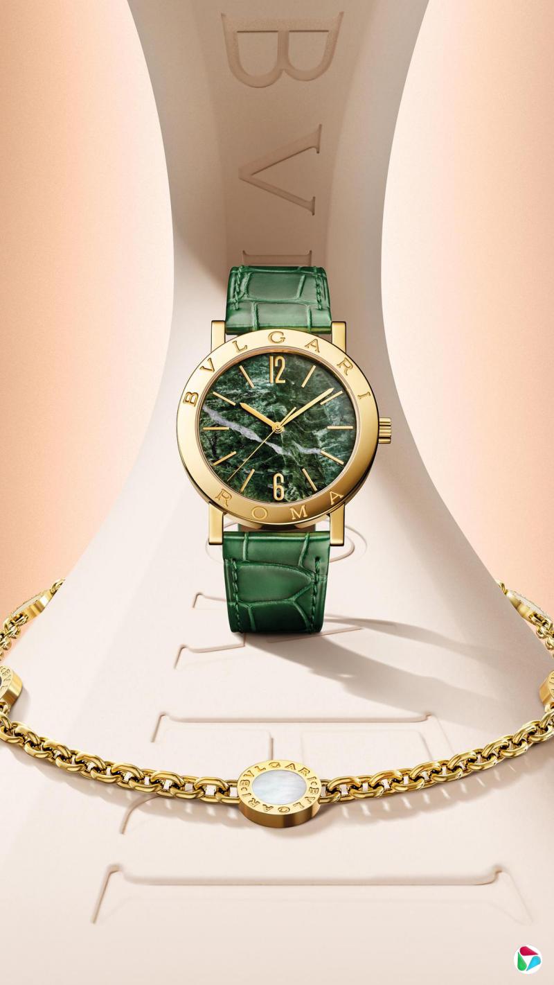 “Verde Alpi”绿色大理石表盘Bvlgari Bvlgari系列腕表,搭配18K黄金表壳。(宝格丽提供)