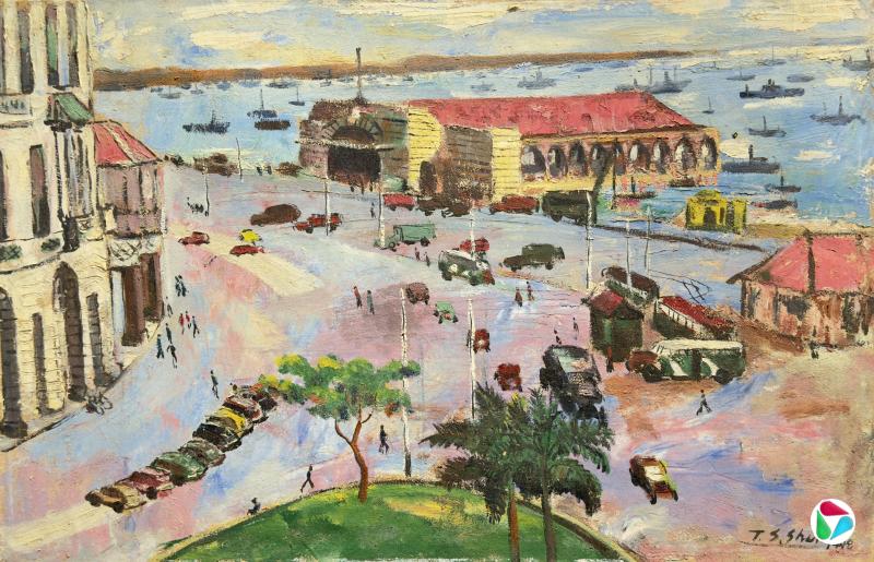 许铁生油画《新加坡红灯码头》(1948),电车轨迹可见。(品艺画廊提供)