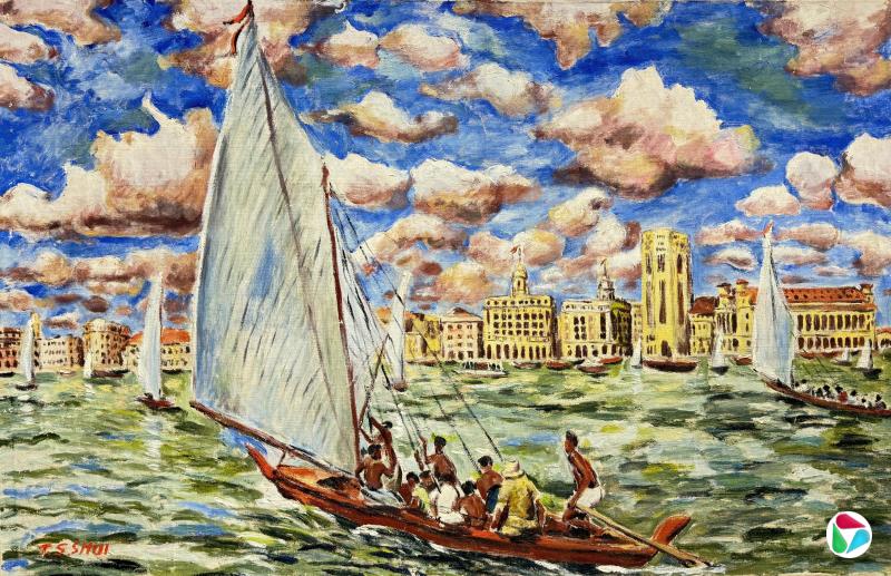 许铁生作于1950年代的油画《帆船比赛》。(品艺画廊提供)