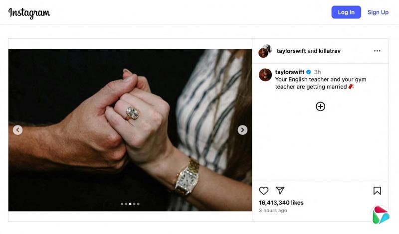 泰勒丝在Instagram贴上凯尔西向她下跪求婚等多张美照,其中一张可以看到她的订婚钻戒。(路透社)